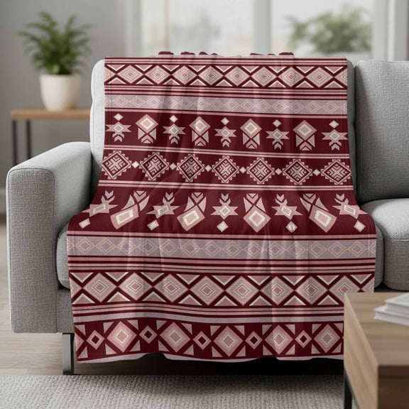 Diamond Strips Fleece Throw Blanket Lightweight Abstract Rustic Vintage Boho Red Farmhouse Deep Fuzzy Flannel Throws Super Soft Cozy Flannel Blanket for Couch, Sofa, Bed, Travel 40"x50"