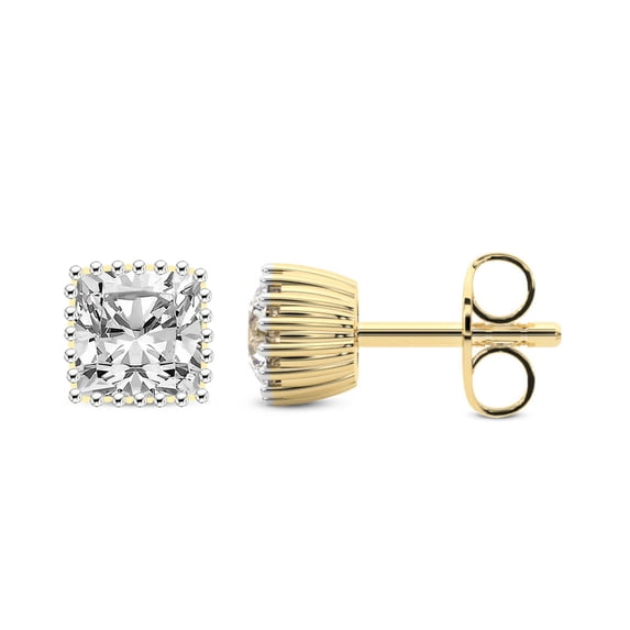 Diamond Stud Earring | 2 Carat IGI Certified Cushion Shape Lab Grown Diamond Stud | 18K Yellow Gold | Circa Lab Diamond Stud Earrings | Prong Setting | FG-VS1-VS2 Quality | Friendly Diamonds