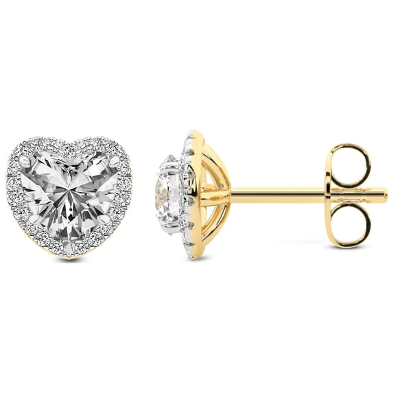Diamond Stud Earring | 2 Carat IGI Certified Heart Shape Lab Grown Diamond Stud | 14K in Yellow Gold | Solice Lab Diamond Halo Stud Earrings | Prong Setting | FG-VS1-VS2 Quality | Friendly Diamonds