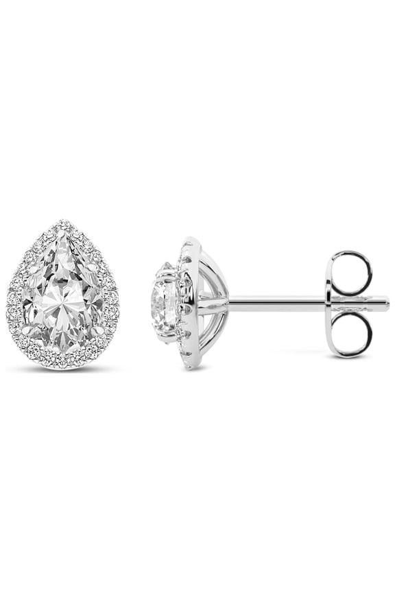 Diamond Stud Earring | 2 Carat IGI Certified Pear Shape Lab Grown Diamond Stud | 14K in White Gold | Solice Lab Diamond Halo Stud Earrings | Prong Setting | FG-VS1-VS2 Quality | Friendly Diamonds