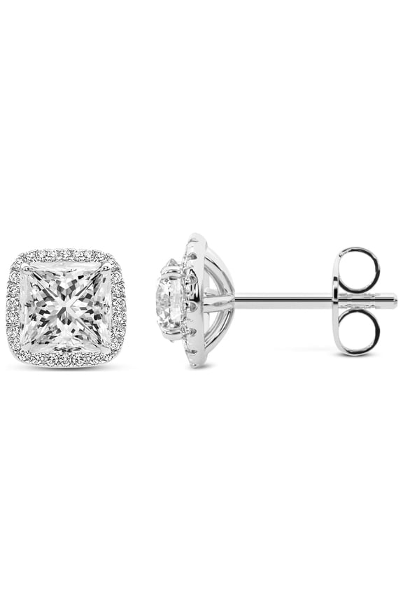 Diamond Stud Earring | 2 Carat IGI Certified Princess Shape Lab Grown Diamond Stud | 14K in White Gold | Solice Lab Diamond Halo Stud Earrings | Prong Setting | FG-VS1-VS2 Quality | Friendly Diamonds