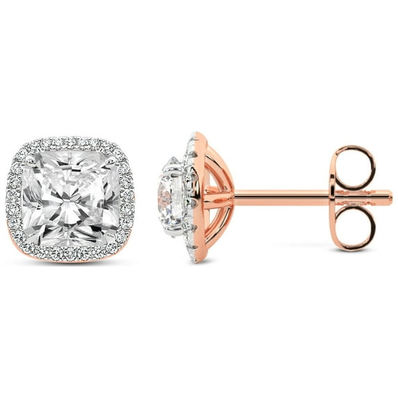 Diamond Stud Earring | 2 Carat IGI Certified Radiant Shape Lab Grown Diamond Stud | 18K in Rose Gold | Solice Lab Diamond Halo Stud Earrings | Prong Setting | FG-VS1-VS2 Quality | Friendly Diamonds