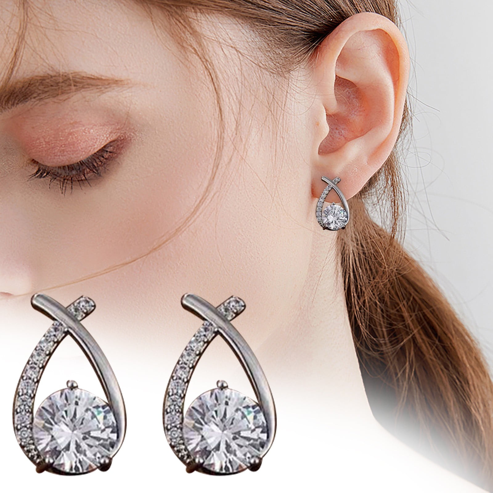 Diamond Stud Earrings For Women Girls Silver Plated Diamond Ear Studs