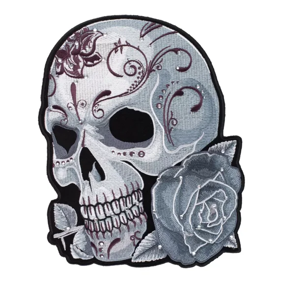 Diamond Studded Gray Sugar Skull & Rose Patch, Small Size