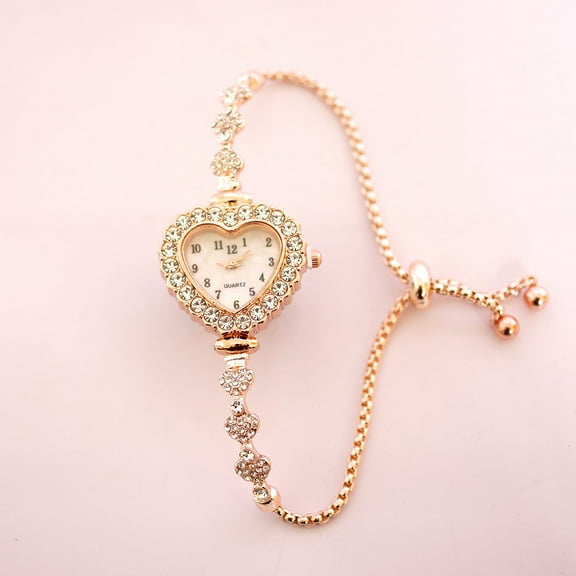 Diamond Studded Heart-Shaped Freely Adjustable Bracelet Quartz Watch