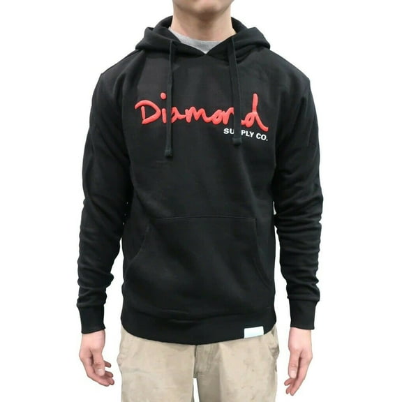 Diamond Supply Co. Men's OG Script Logo Pullover Fleece Hoodie Sweatshirt (Small, Black/Red)