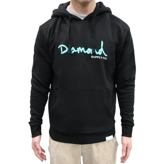 Diamond Supply Co. Men's OG Script Logo Pullover Fleece Hoodie Sweatshirt (X-Large, Black/Blue)