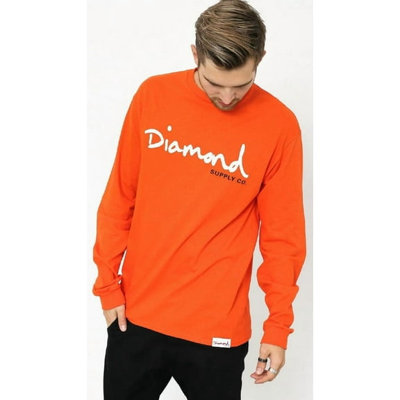 Diamond Supply Co. Men's OG Script Long Sleeve Tee T-Shirt in Orange (Small, Orange)