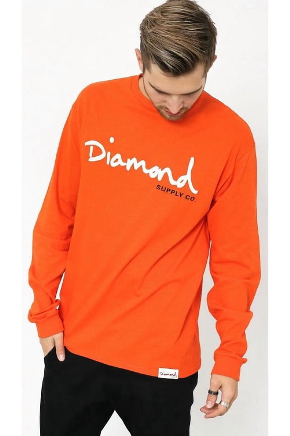 Men's OG Script Long Sleeve Tee T-Shirt in Orange (Small, Orange)