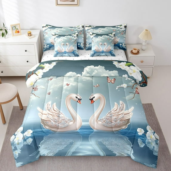 Diamond Swan Bed in a Bag Queen Comforter Set 7 Piece Ocean Lake Bedding Sets,White Flowers Sheet Set with Comforter Butterfly Bed Set,Lover Gifts Romantic Room Decor