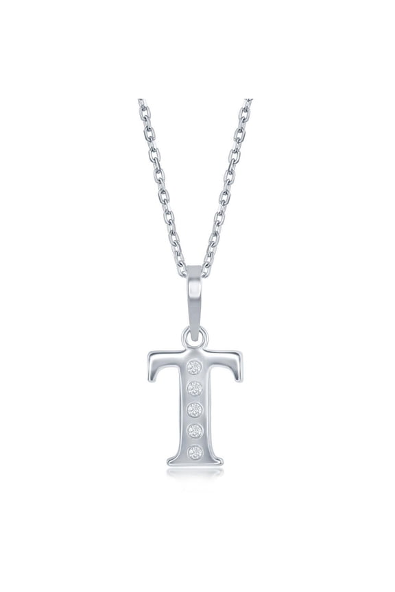 Diamond 'T' Initial Pendant Necklace in Sterling Silver