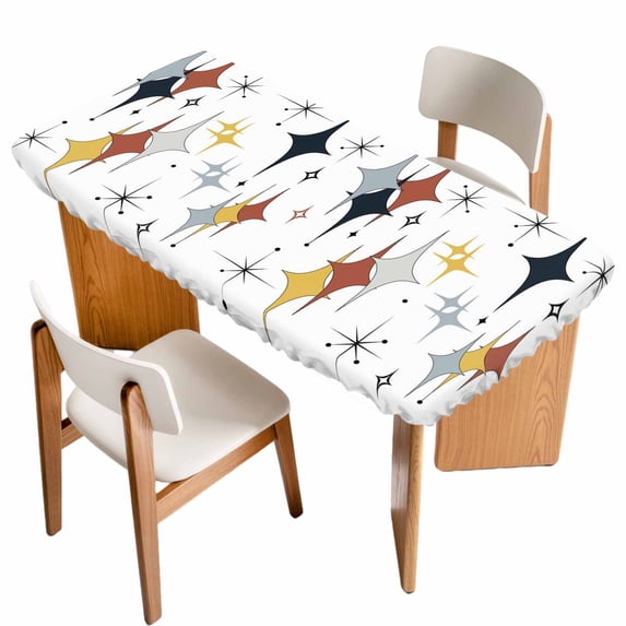 Diamond Table Cloths for 6 Foot Rectangle Tables, Modern Geometric Middle Century Grey Yellow Red Patio Waterproof Elastic Fitted Tablecloths, Washable Rectangular Table Cover for Camping