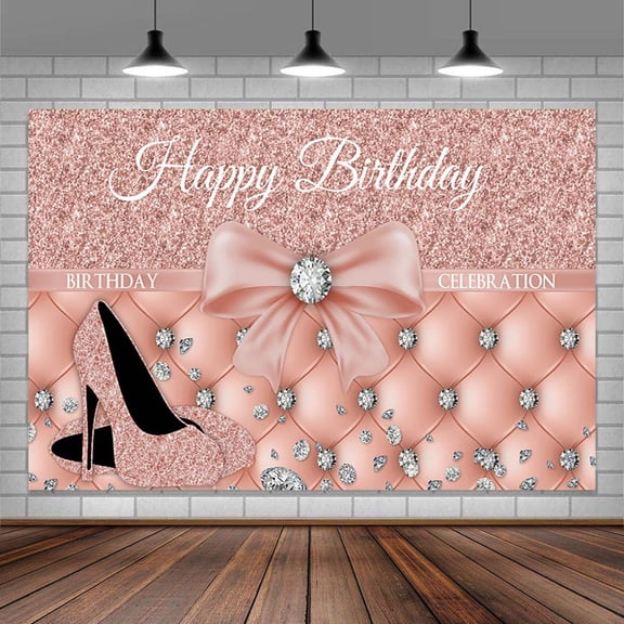 Diamond Themed Tackdrop Pink Glitter Backdrop Happy Birthday Photo Backdrop Bow High Heels Backdrop Girl Women Birthday Background 16th 18th Birthday Decoration 5X3FT