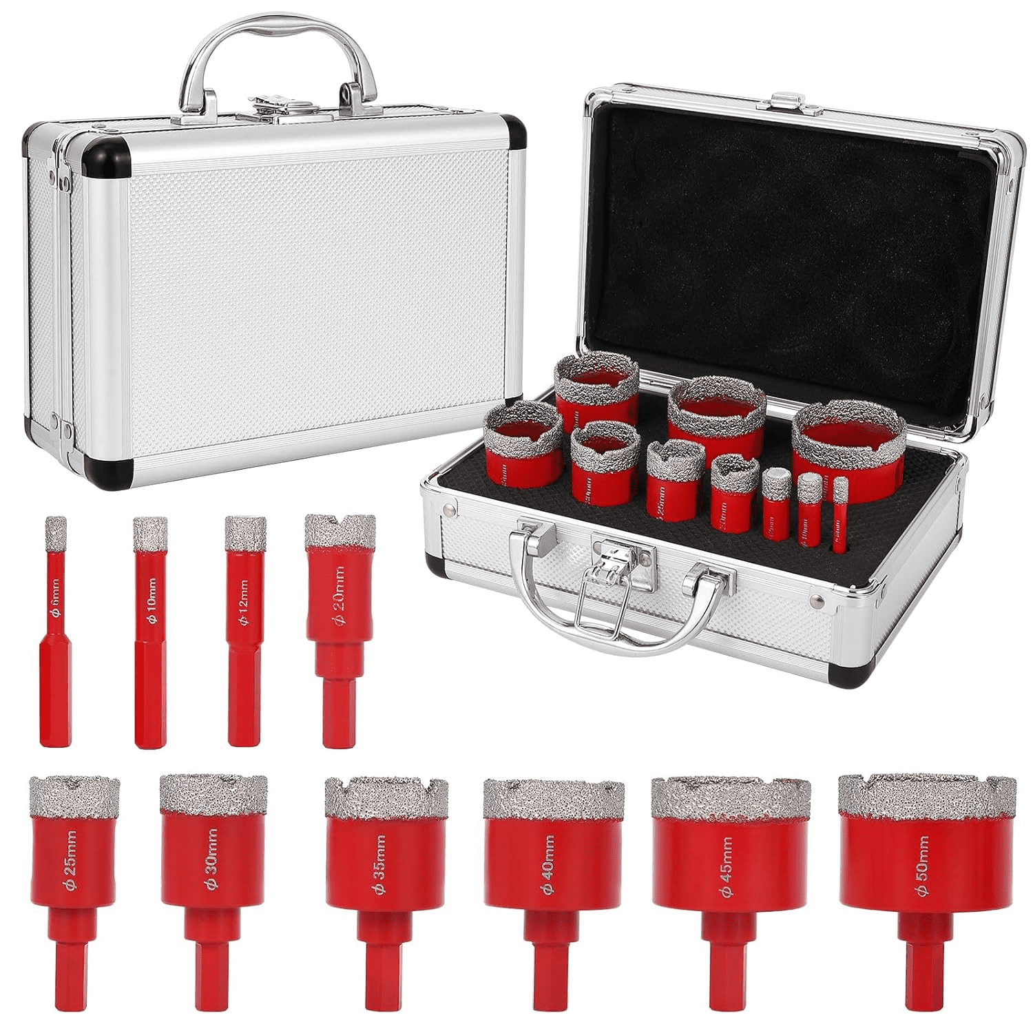 Diamond Tile Hole Saw Kit 10pcs Tile Hole Saw Kit 6/6/20/25/35/50/75/100MM for Tile Porcelain Ceramic Marble with Chamfer Drill Bit and Hexagonal Shank Adapter