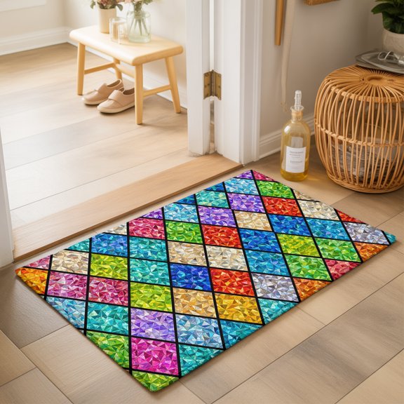 Diamond Tile Panes 2'x3' Small Rugs for Entryway Front Door Kitchen Sink Area, Abstract Grid Green Blue Pink Stained Glass Soft Sturdy Mats Washable Non Slip Rectangle Area Rug