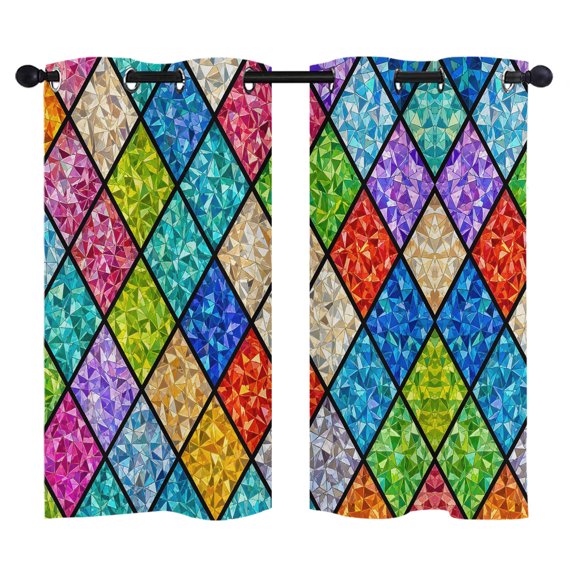 Diamond Tile Panes Blackout Curtains 39 Inches Long, Abstract Grid Green Blue Pink Stained Glass Thermal Insulated Room Darkening Drapes with Grommets for Living Room 27.5"W x 39"L, 2 Panels