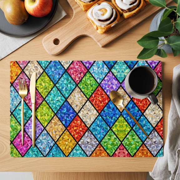 Diamond Tile Panes Placemats Set of 12, Abstract Grid Green Blue Pink Stained Glass Non-Slip Place Mats Washable Table Mats for Kitchen Dining Table Decorations Indoor/Outdoor