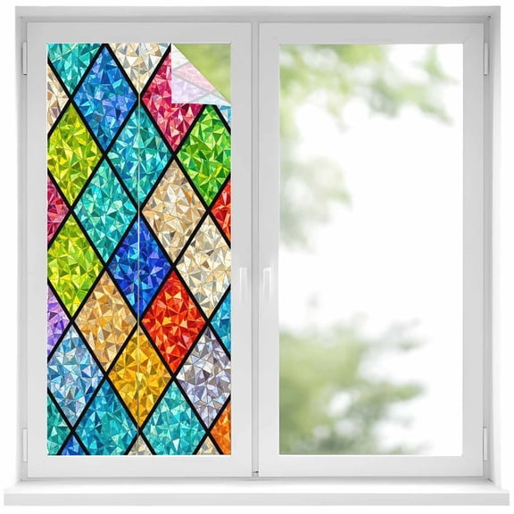 Diamond Tile Panes Window Privacy Film 19.6x39.3in Abstract Grid Green Blue Pink Stained Glass Decorative Window Film with Static Cling, UV Filtering Window Cling Privacy Film for Glass Doors