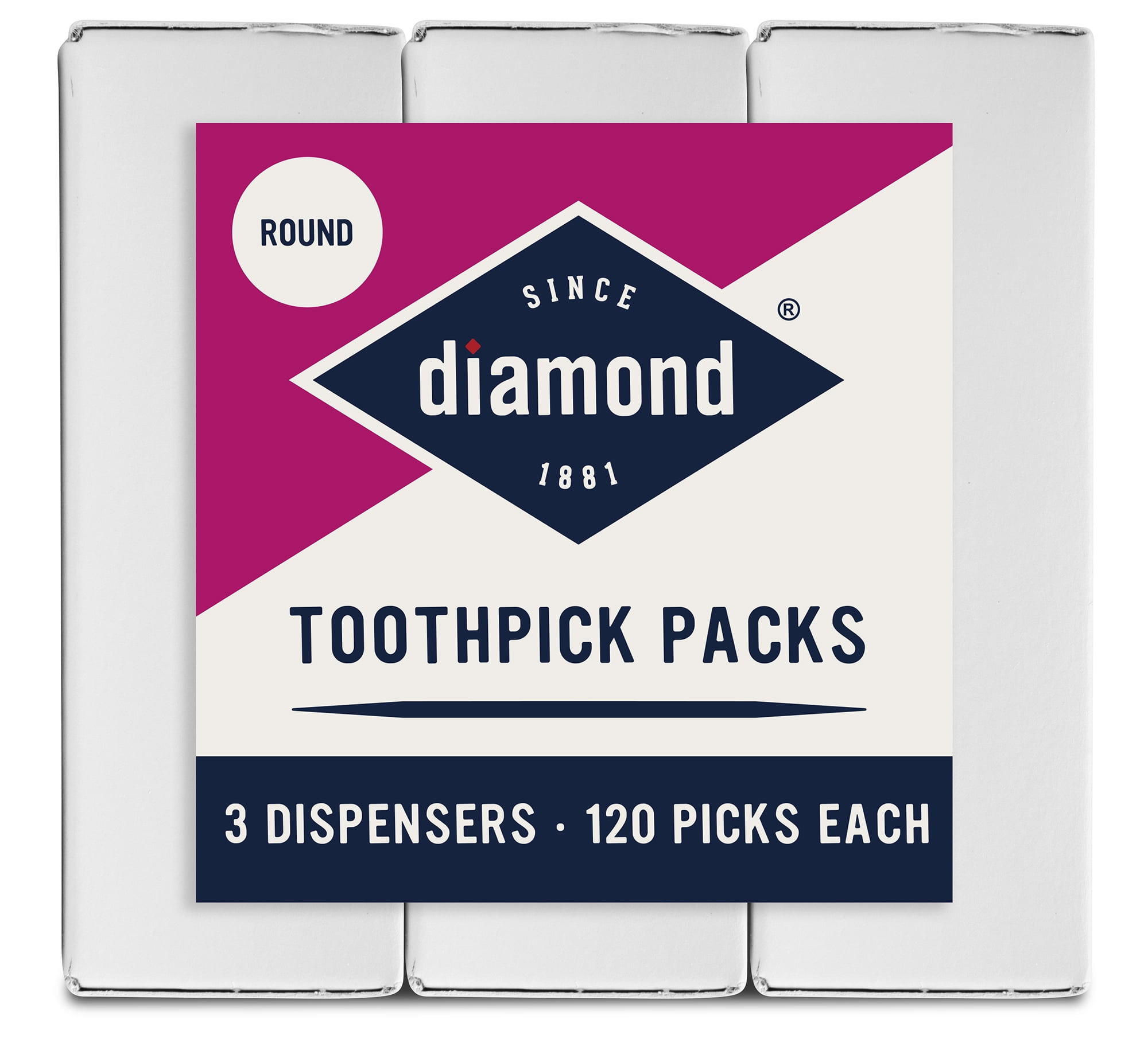 Diamond Toothpick Dispenser Packs, 3 Count, 120 Toothpicks Each Dispenser, Total 360 Wood Toothpicks per Purchase Pack.  Model Number 535376904. Assembled product height 3.1"