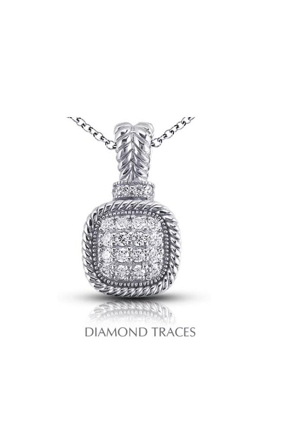 0.50 Carat Total Natural Diamonds 14K White Gold Pave Setting Rope Edging With Milgrain Fashion Pendant