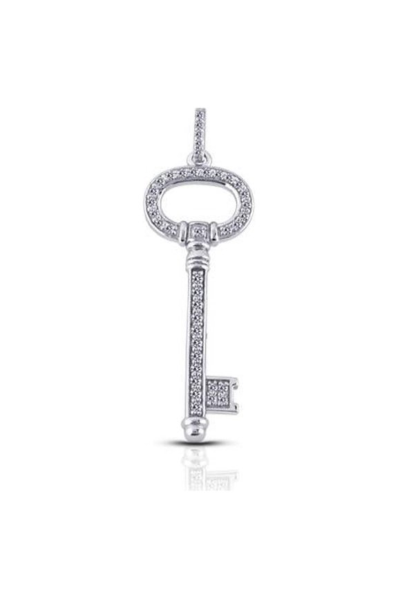 0.51 Carat Total Natural Diamonds 14K White Gold Pave Setting Key Fashion Pendant