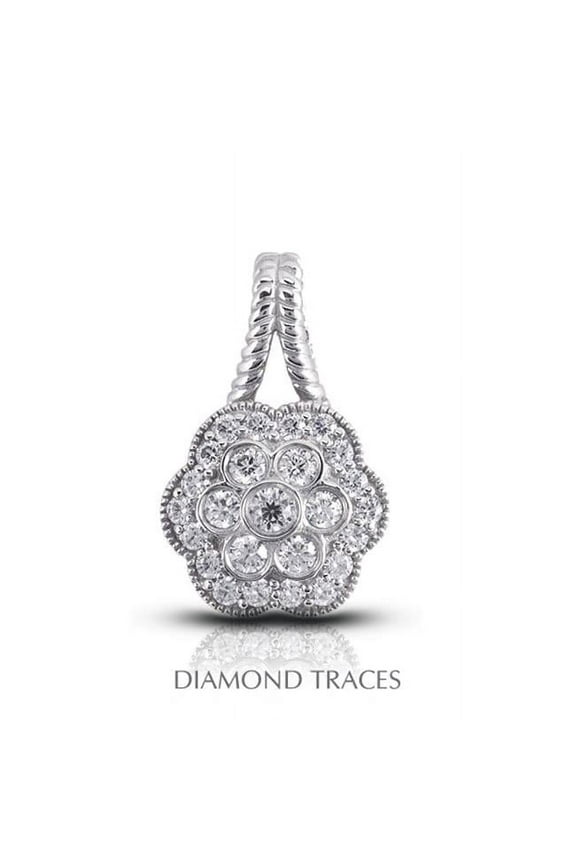 0.61 Carat Total Natural Diamonds 14K White Gold Pave & Bezel Setting Flower Shape With Rope Edging Fashion Pendant