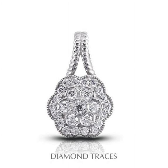 Diamond Traces UD-OS2759-8524 0.81 Carat Total Natural Diamonds 14K White Gold Pave & Bezel Setting Flower Shape with Rope Edging Fashion Pendant