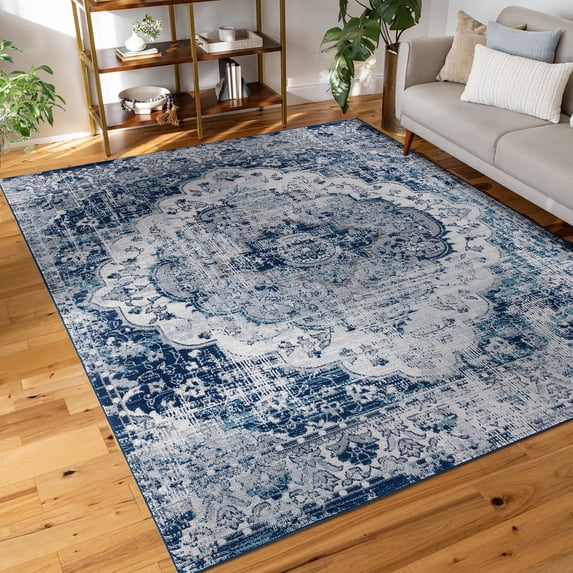 Diamond Traditional 3' x 5' Blue and Cream Polypropylene Indoor Area Rug
