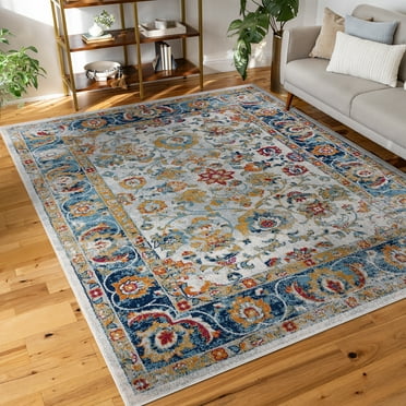 Diamond Traditional 5' x 7' Cream and Blue Polypropylene Indoor Area Rug