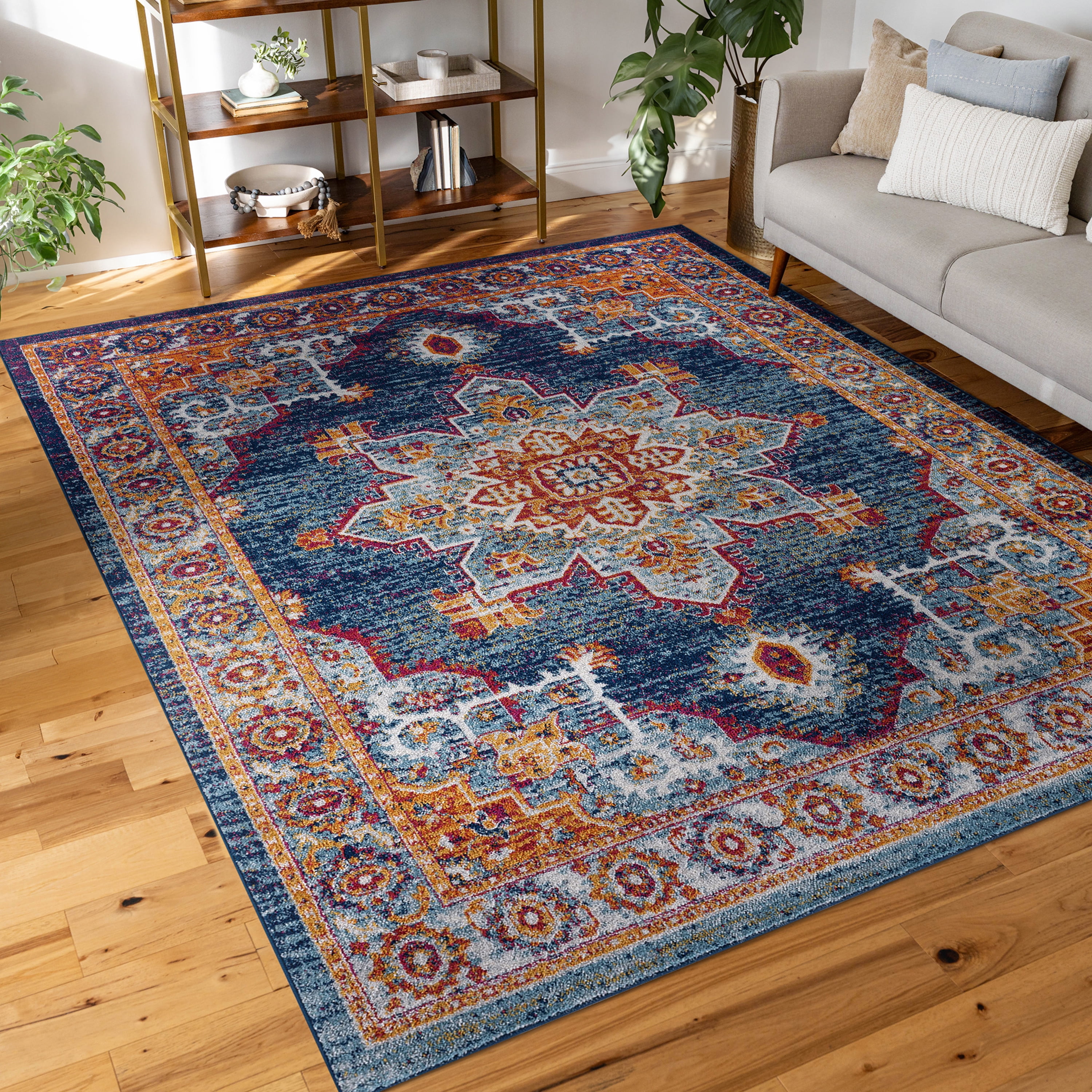 Diamond Traditional 8' x 10' Blue and Gold Polypropylene Indoor Area Rug
