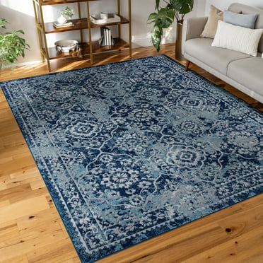 Diamond Transitional 4' x 5' Blue and Cream Polypropylene Indoor Area Rug