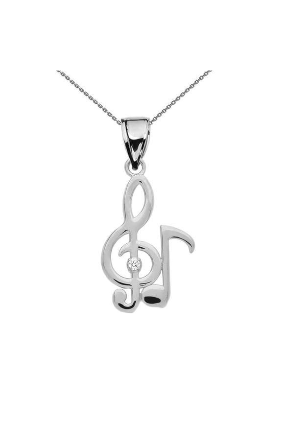 Diamond Treble Clef And Eighth Note Music Sterling Silver Pendant Necklace, 20" Chain