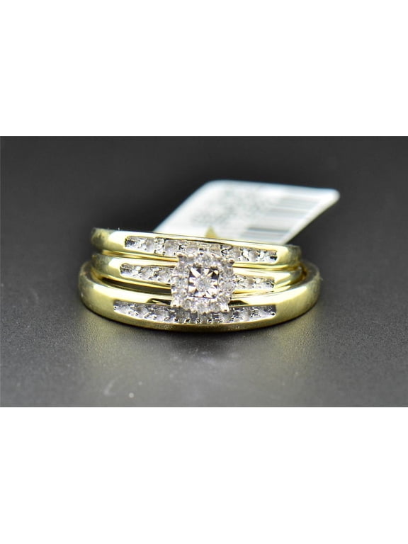 Diamond Trio Set His Hers Matching Engagement Ring Wedding Band 10K Yellow Gold