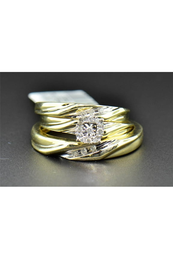 Diamond Trio Set His Hers Matching Engagement Ring Wedding Band 10K Yellow Gold
