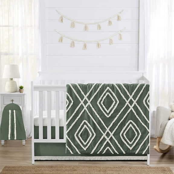 Sweet Jojo Designs Diamond Tuft Green Off White 4 Piece Crib Bedding Set