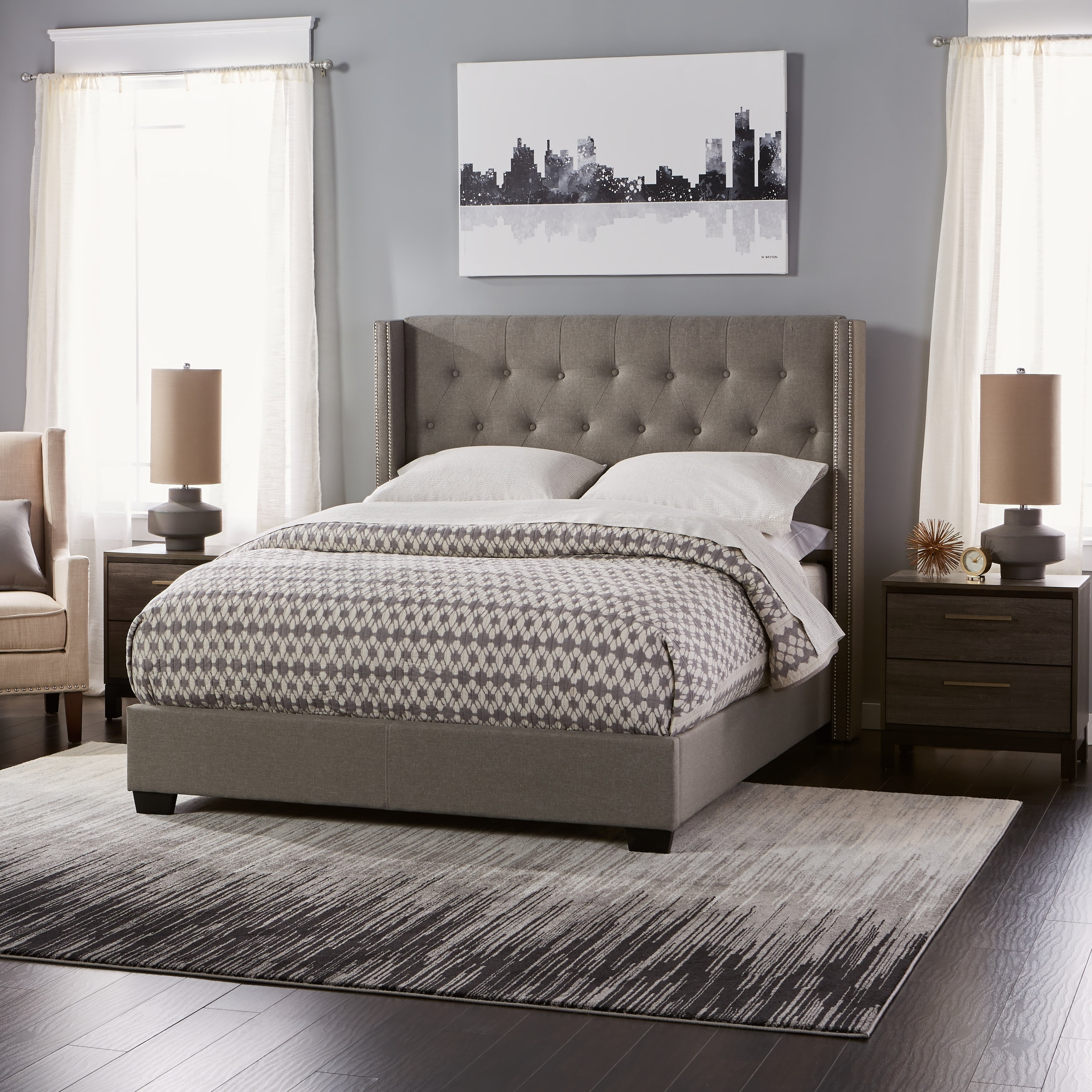Grey upholstered wingback bed deals