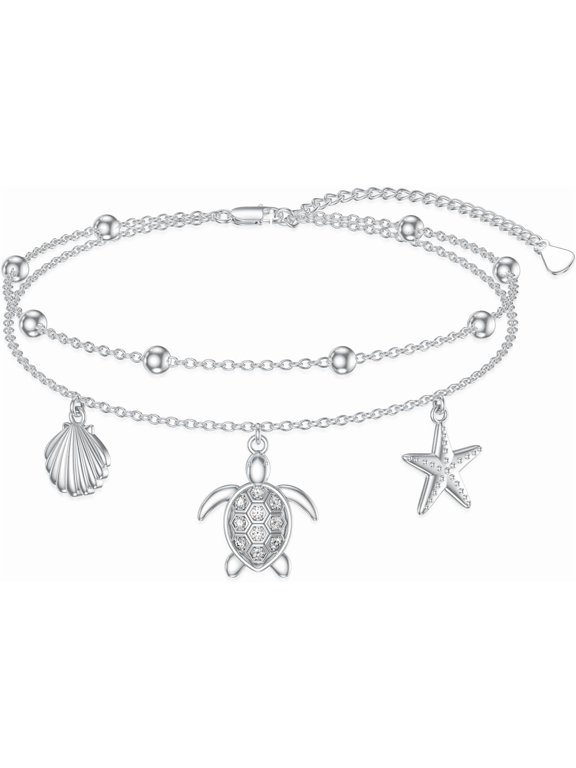 Diamond Turtle Anklet for Women 925 Sterling Silver Layered Sea Turtle Shell Starfish Foot Bracelet with Lab Grown Diamonds Beach Summer Jewelry Gifts for Women
