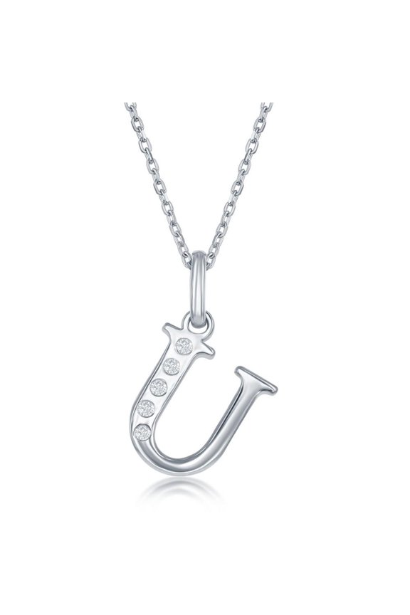 Diamond 'U' Initial Pendant Necklace in Sterling Silver