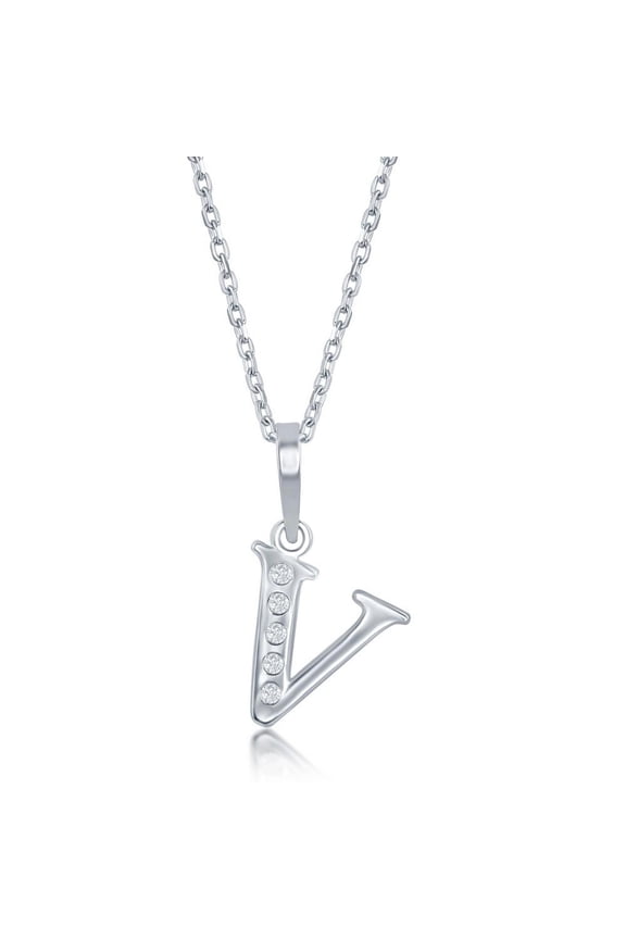 Diamond 'V' Initial Pendant Necklace in Sterling Silver