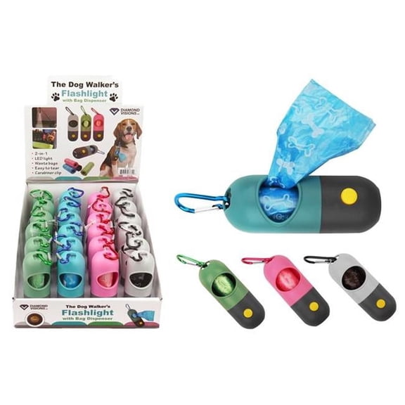 Diamond Visions 9090620 The Dog Walkers LED Flashlight with Bag Dispenser LR44 Battery, Assorted Color - Pack of 24