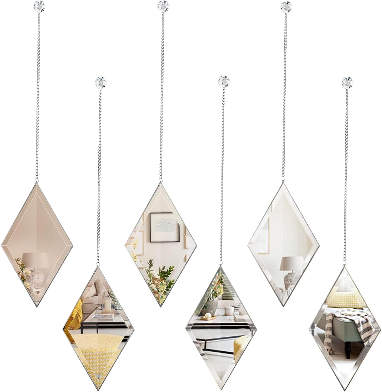 Diamond Wall Mirror 6 PCS, Small Gold Decorative Wall Mirror with Hanging Chain, Wall Mirrors ...