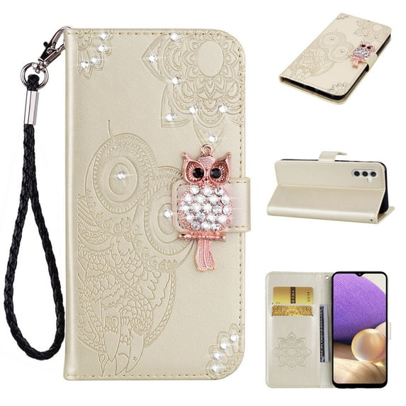 Diamond Wallet Case for Samsung Galaxy A14 5G with Card Slots Holder Magnetic Clasp Cover, Shining Sparkle Owl Embossed Pattern PU Leather Flip Folio Case with Wrist Strap Kickstand Case,Gold