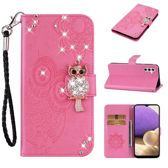 Diamond Wallet Case for Samsung Galaxy A14 5G with Card Slots Holder Magnetic Clasp Cover, Shining Sparkle Owl Embossed Pattern PU Leather Flip Folio Case with Wrist Strap Kickstand Case,Pink