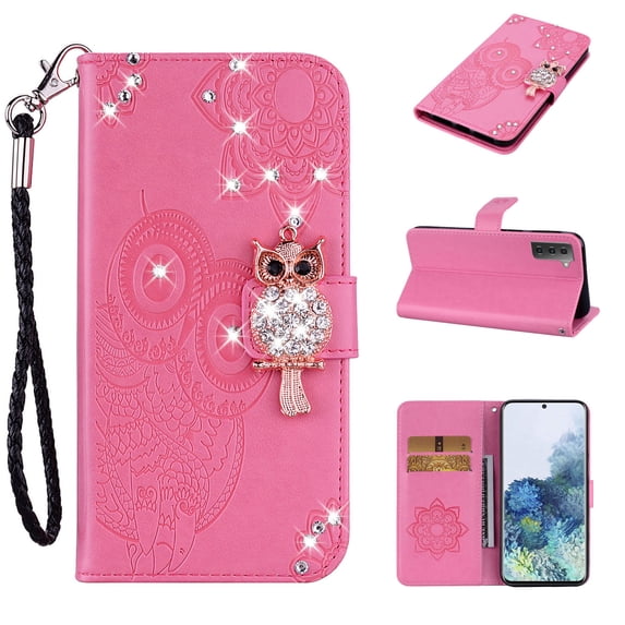 Diamond Wallet Case for Samsung Galaxy S23 with Card Slots Holder Magnetic Clasp Cover, Shining Sparkle Owl Embossed Pattern PU Leather Flip Folio Case with Wrist Strap Kickstand Case,Pink