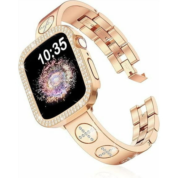 Diamond Watch Band and Case Compatible With Apple Watch Band 46mm 45mm 44mm 42mm 41mm 40mm Dressy Stainless Steel Watch Bracelet for Apple Watch Series 10/9/8/7/6/5/4/3/2/1 SE/SE2