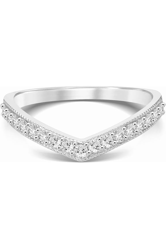 Diamond Wedding Bands for Women | V-Shaped Chevron Rings | Real 10 Kt White Gold 1/4 CTW Lab Diamond Ring | Ideal Anniversary Stack Ring |Size 9.5