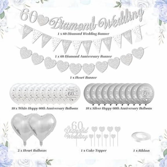 Diamond Wedding Decorations, 60th Wedding Anniversary Decorations 60 Diamond Wedding Banner Happy 60th Anniversary Balloons Silver White Balloons Heart Balloons 60 Diamond Wedding Cake Topper