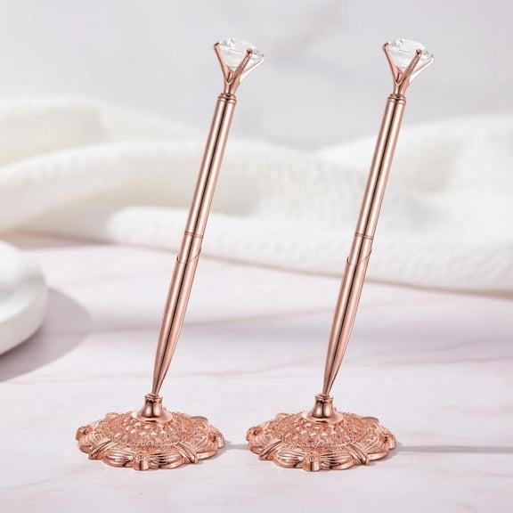Diamond Wedding Pen Guest Book Pen with Holder, Rose Gold