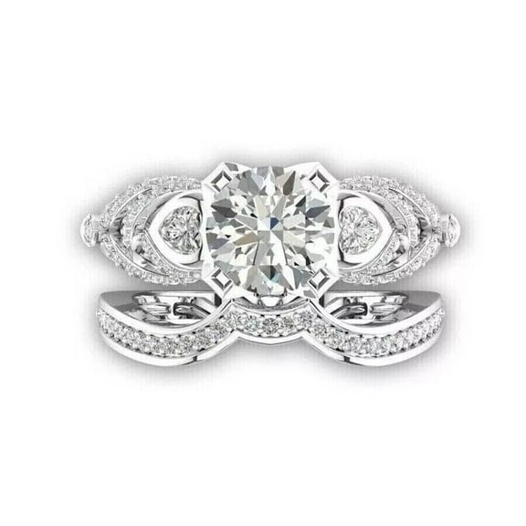 Diamond Wedding Ring Set, Cluster Diamond Ring Set, Round Diamond Bridal Ring Set, Solitaire With Accent Ring With Matching Band, 925 Sterling Silver, 2.4 Ct Simulated Diamond