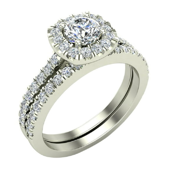 Diamond Wedding Ring Set Round Brilliant Diamond Cushion Halo Rings 14K White Gold 1.00 Carat (G,SI)